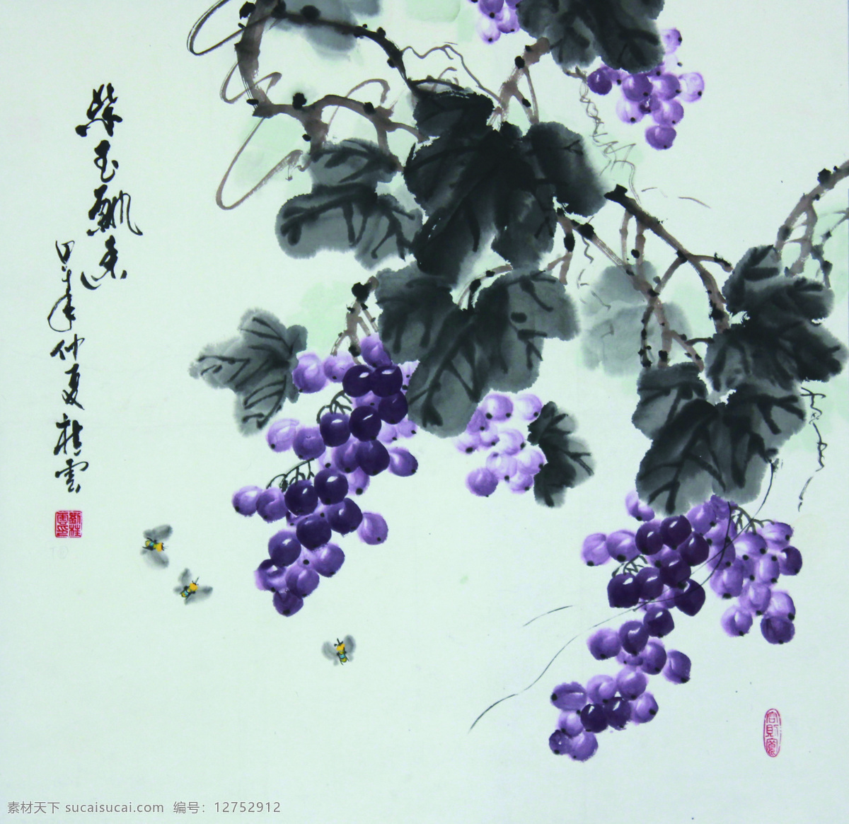 國(guó)畫葡萄 國(guó)畫 葡萄 葡萄架 灰色