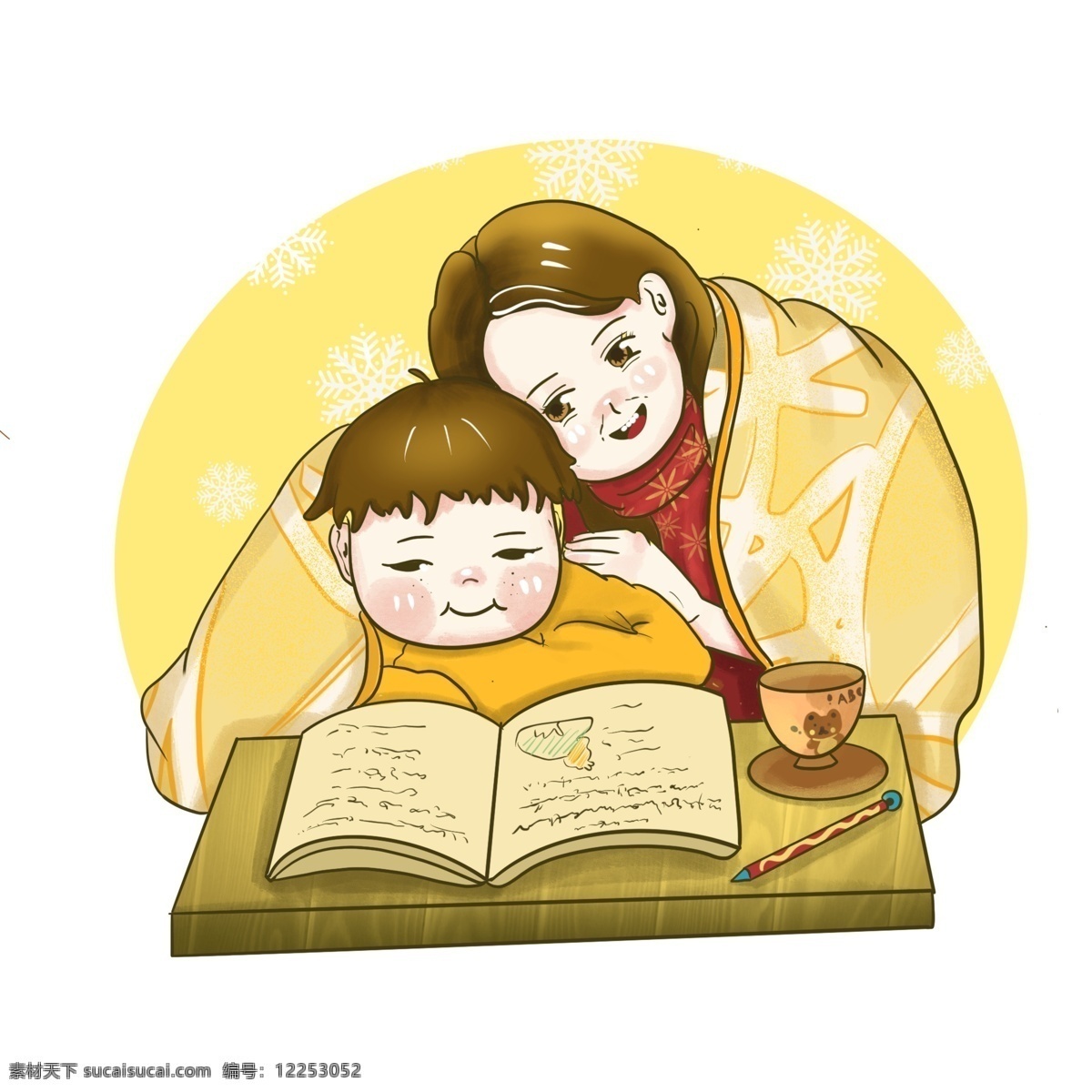 妈妈 孩子 学习 看书 温馨 家庭 母亲节 陪伴 母亲 黄色背景 手绘