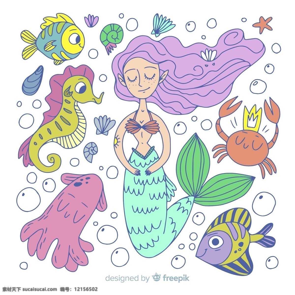 美人鱼 海洋 动物图片 海星 贝壳 海螺 气泡 大海 矢量 高清图片