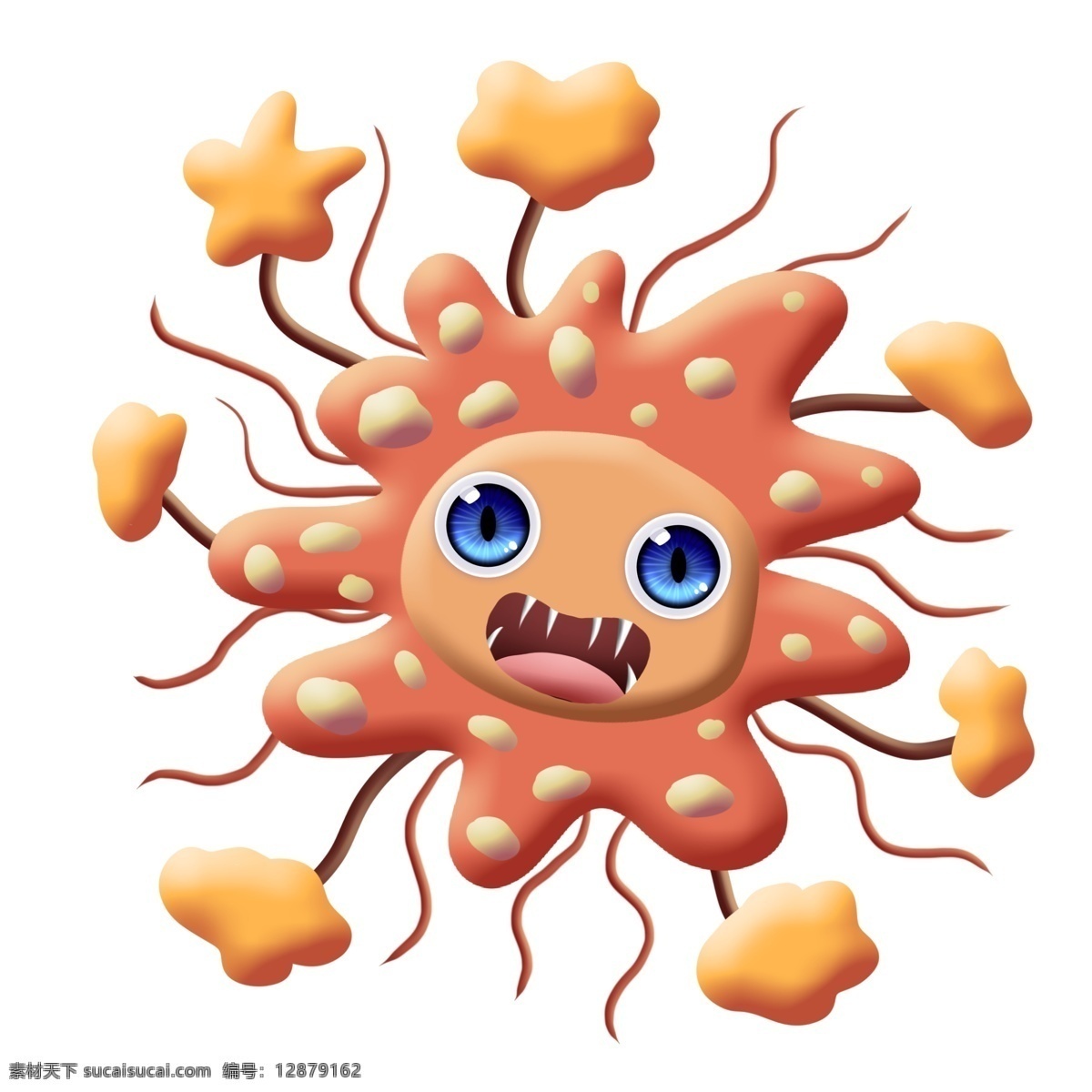 橙色 尖牙 长毛 细菌 卡通 斑点 大眼睛 圆点 串连 杆菌 病毒 医学 生物 疾病 生病 菌体 菌状 细胞