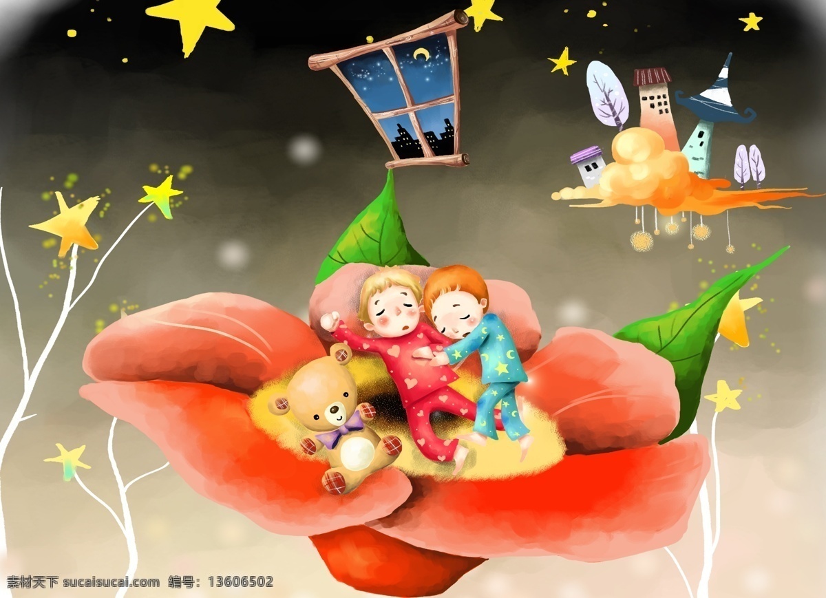 夜色 沉 眠 分層 背景 插畫 窗外 兒童 花瓣 花紋 卡通 夜色沉眠 源文件庫 插畫集