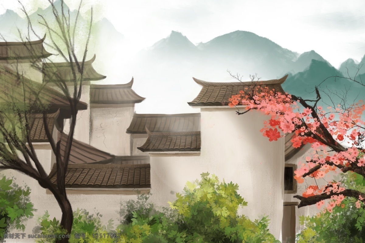江南 小镇 建筑 复古 背景 海报 素材图片 古风背景