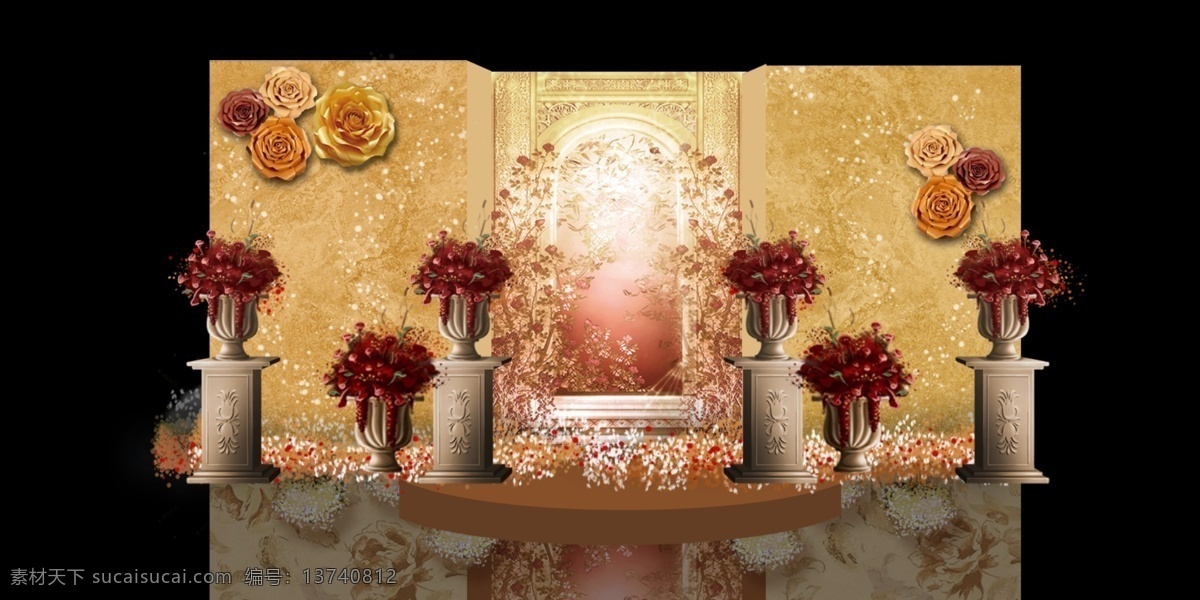 香槟 金 欧式 复古 城堡 现代 婚礼 迎宾 区 效果图 香槟色 罗马柱 纸花