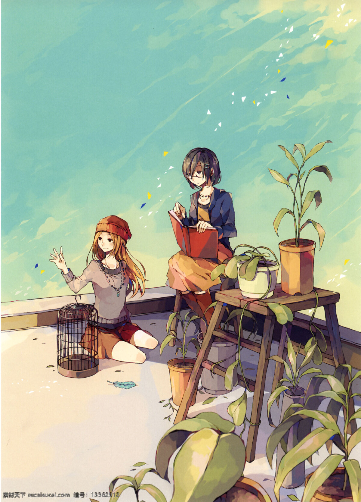 屋頂少女 少女 女孩 天空 植物 綠色