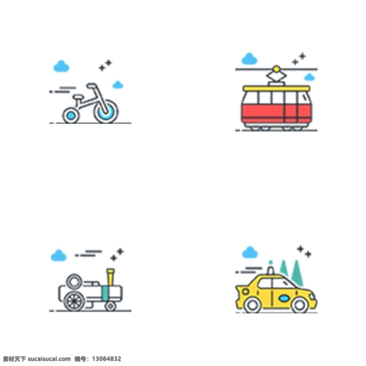 彩色 創(chuàng)意 交通工具 圖標(biāo) 元素 自行車 纜車 出租車 拖拉機(jī) 扁平化 卡通插畫 ui