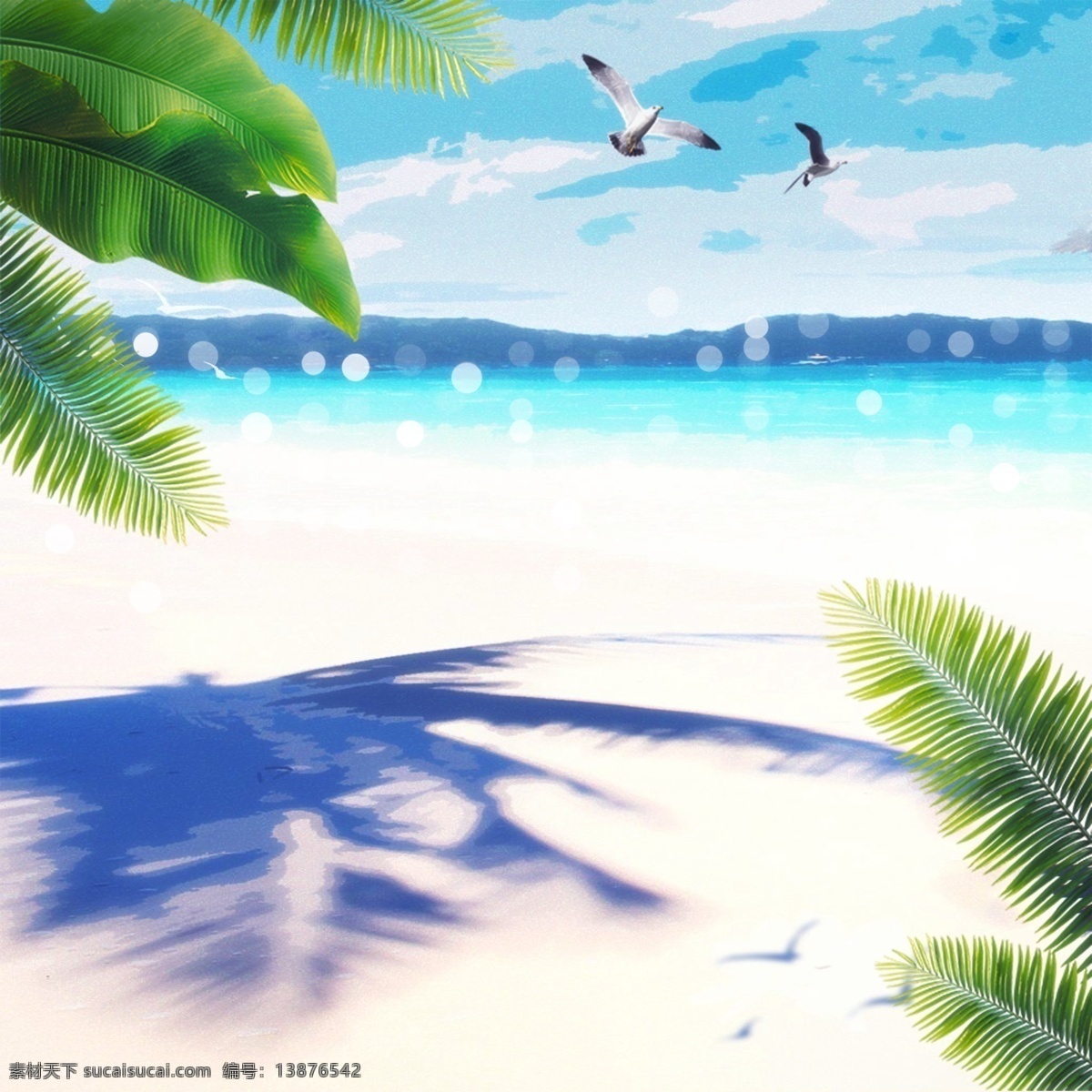 海边 度假 梦幻 风景 背景 卡通 树叶 夏季 旅游 海鸥