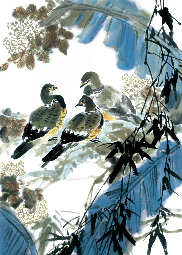 动物 小鸟 喜鹊 油墨画 花丛 中华艺术绘画