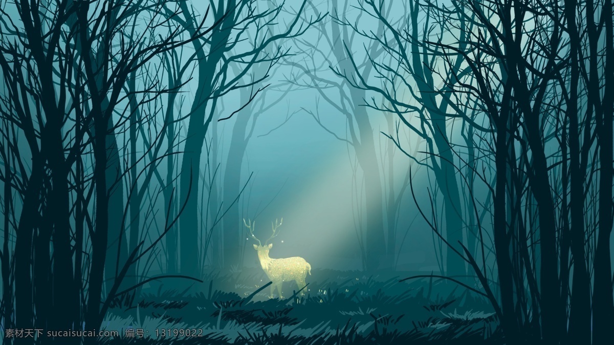 午夜 迷雾 森林 鹿 原创 渐变色 树林 商业插画 壁纸海报 社交媒体 场景插画 微博微信用图