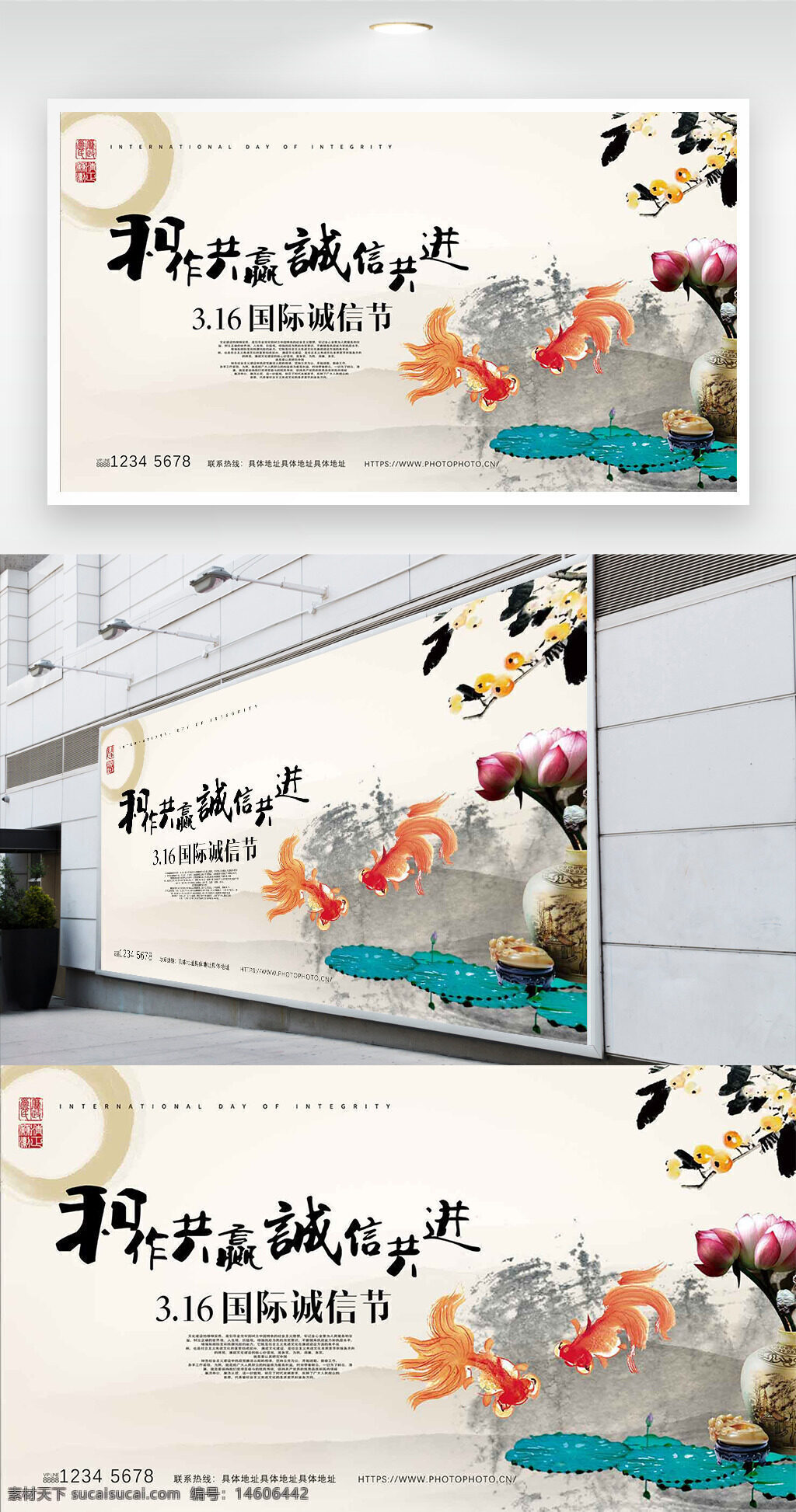 水墨背景 金魚 蓮葉 花朵 國際誠信節(jié) 展板設(shè)計(jì) 節(jié)日宣傳 傳統(tǒng)文化 誠信主題 水墨藝術(shù) 中國風(fēng) 創(chuàng)意設(shè)計(jì) 藝術(shù)字體 節(jié)日展板