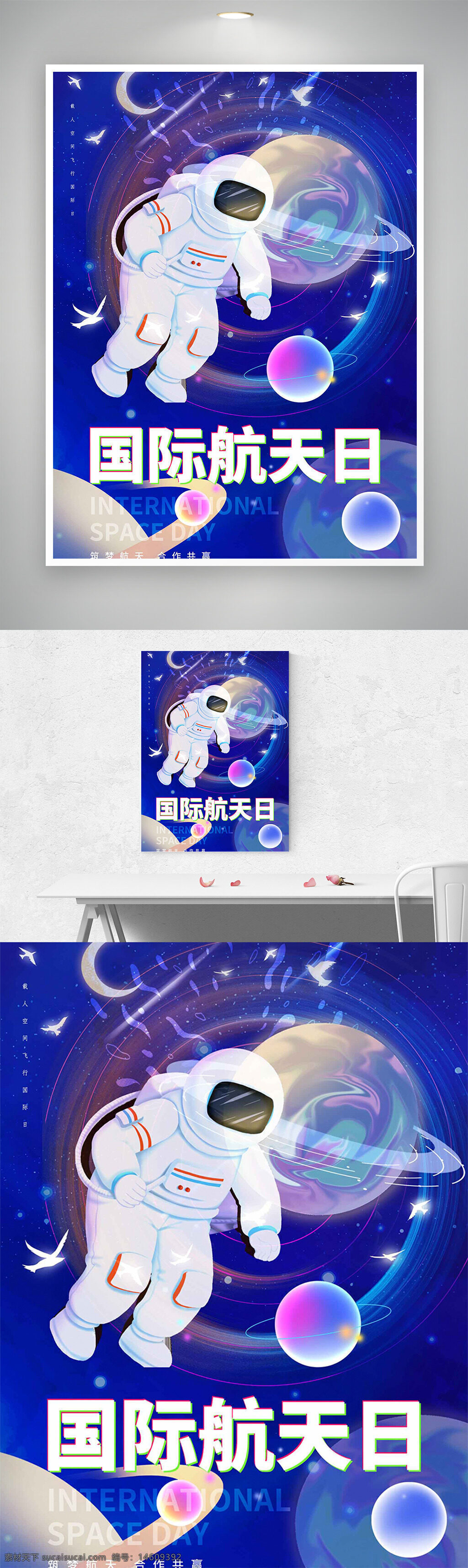國際航天日 宇航員 星空 夢幻藍(lán)色 球形元素 太空探索 科幻風(fēng)格 節(jié)日海報 航天科技 太空漫游 宇宙背景 未來科技 藍(lán)色主題