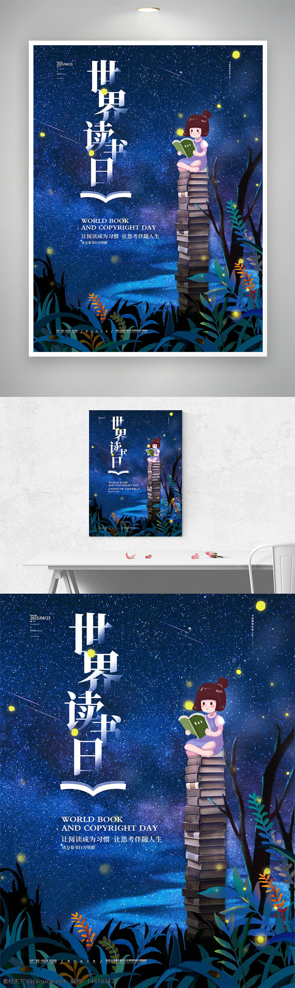 世界讀書日 卡通插畫 夏夜星空 螢火蟲 創(chuàng)意設(shè)計 節(jié)日海報 書籍堆疊 寧靜氛圍 版權(quán)保護(hù) 教育宣傳 文化傳播 插畫藝術(shù)
