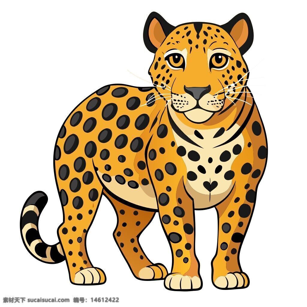 豹子 插画 卡通风格 动物形象 野生动物 黄色皮毛 黑色斑点 尾巴 可爱风格 自然主题