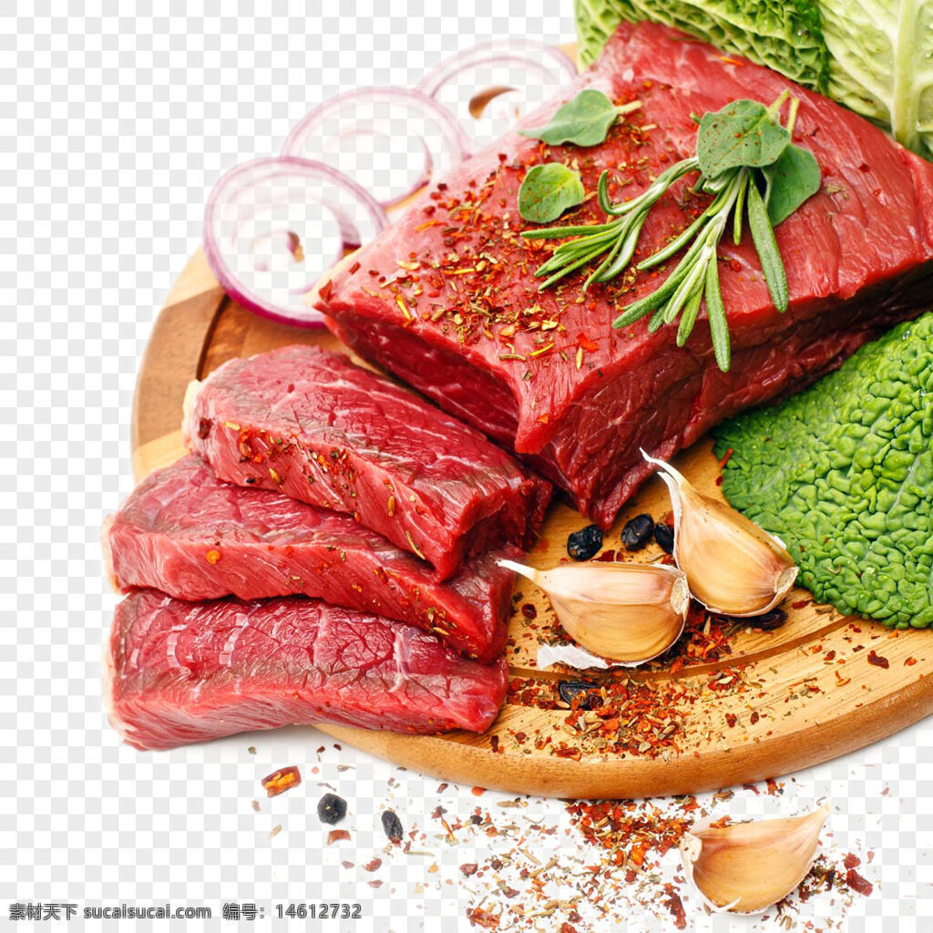 牛肉 新鮮食材 洋蔥片 大蒜粒 配菜 案板 紅肉 高蛋白 烹飪食材 健康飲食 胡椒粒 香料 綠色蔬菜