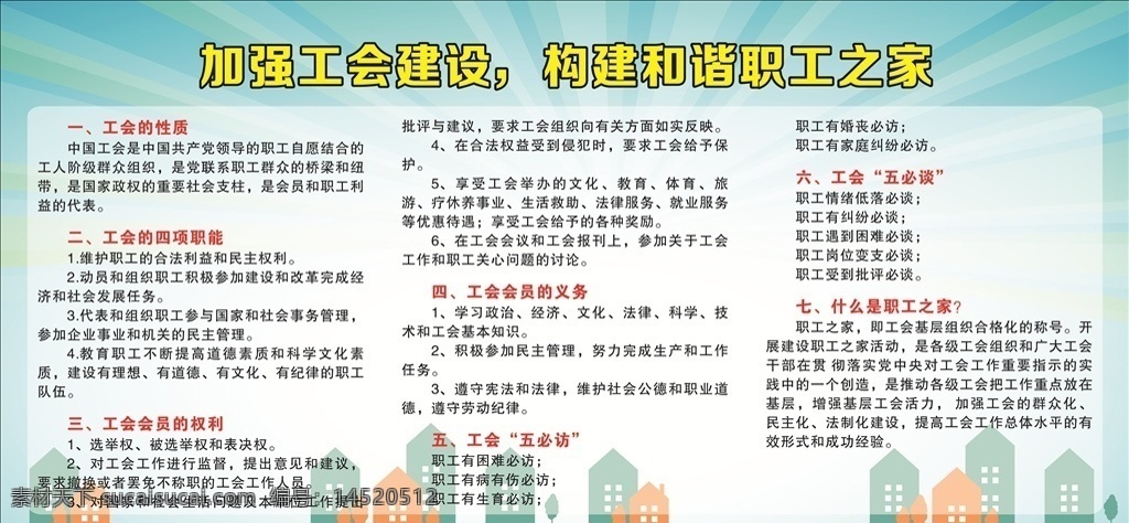 加強(qiáng)工會(huì)建設(shè) 構(gòu)建 和諧 職工之家 工會(huì)建設(shè) 工會(huì)性質(zhì) 工會(huì)職能 會(huì)員權(quán)利 會(huì)員義務(wù) 工會(huì)五必讀 展板模板