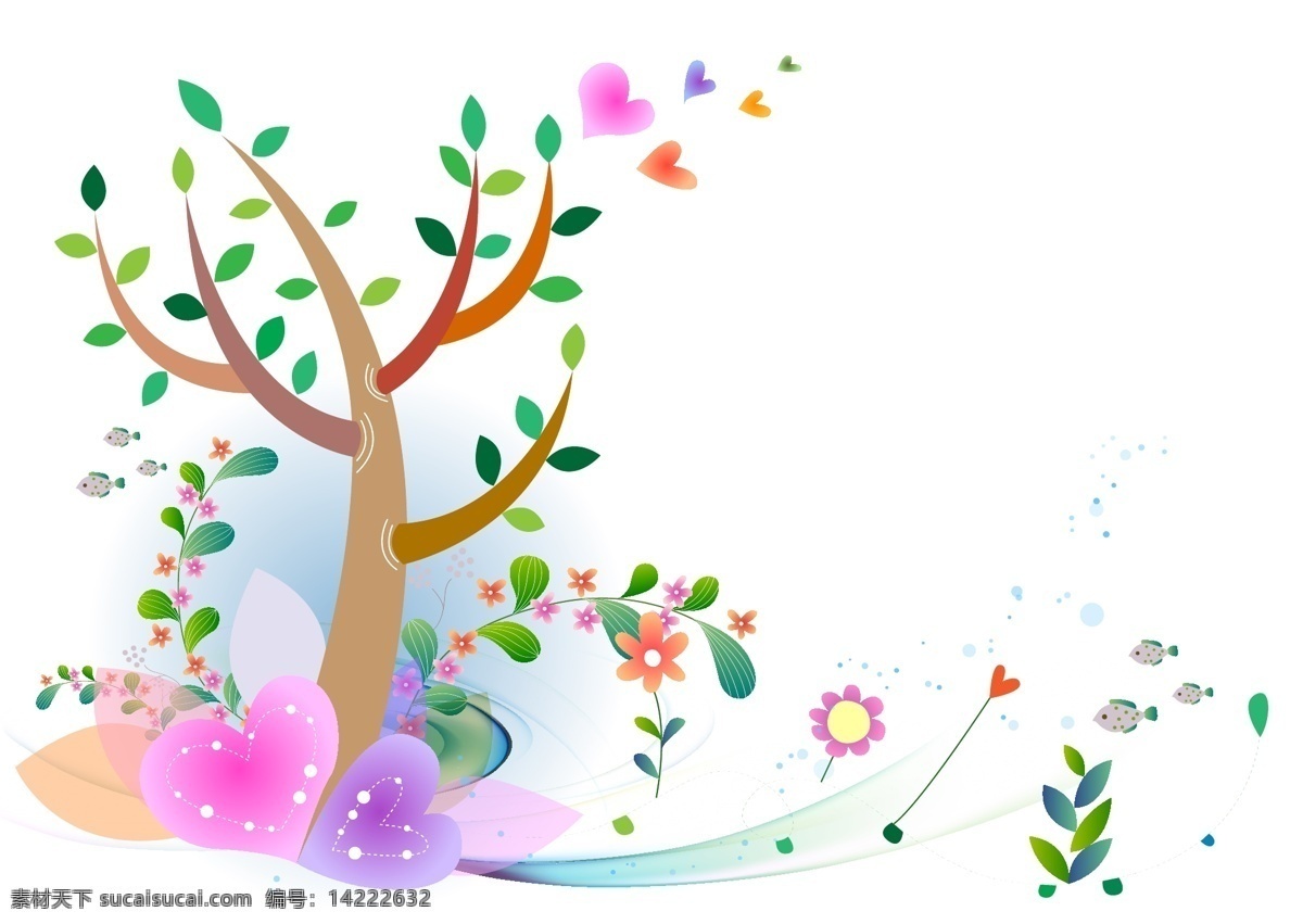 淡雅 春季 彩绘 矢量 爱心 春天 花朵 卡通 矢量图 手绘 树木 鱼 植物 其他矢量图