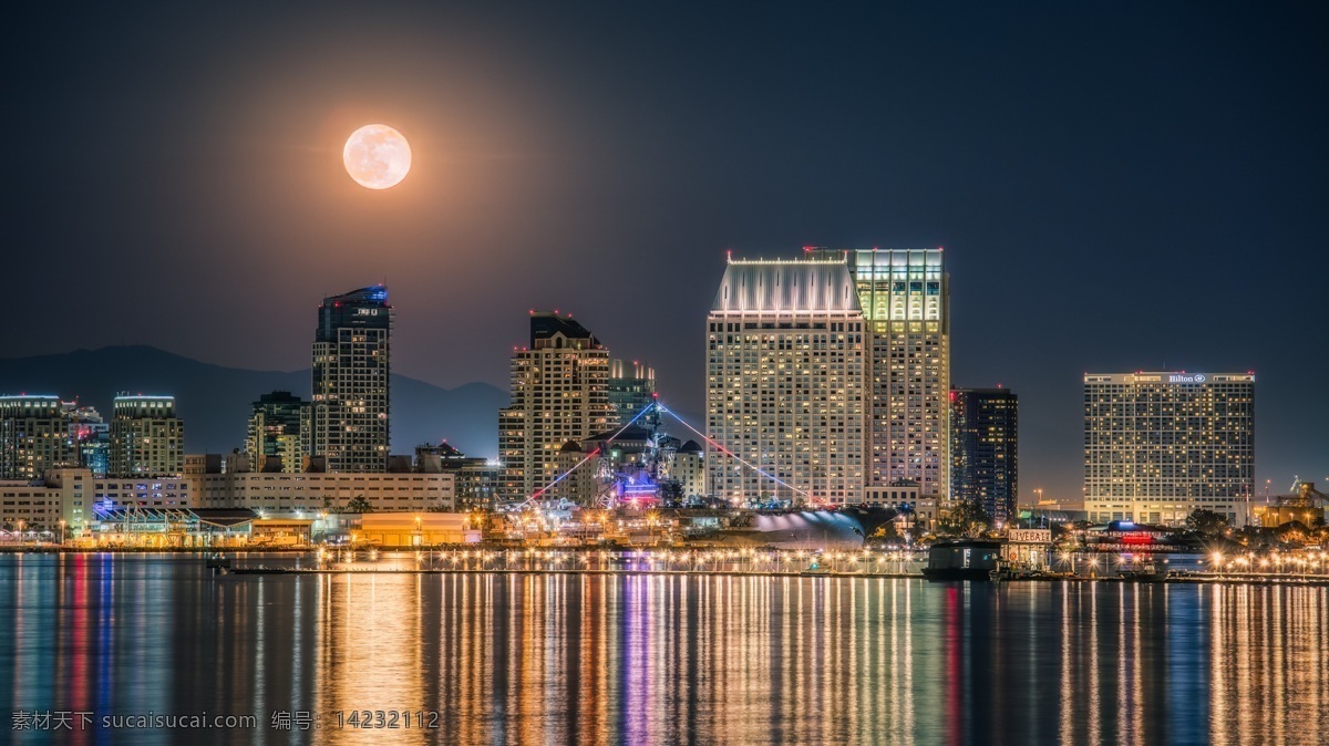 圣地亚哥 城市 夜景 月光 灯光 海边 高楼大厦 建筑 摩天楼 月亮 满月 加利福尼亚 美国 旅游摄影 人文景观