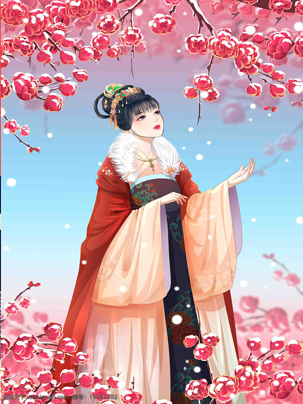 中式插画 古装美人 美女 花朵 赏雪 美姬