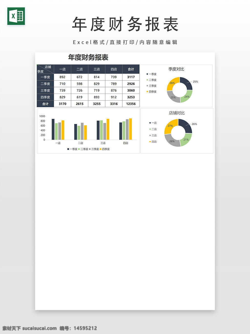 年度财务报告表 图表 财务数据 季度对比 店铺对比 柱状图 饼状图 统计分析 数据可视化 业绩报告 销售数据 财务分析 年度总结 营业额 业绩对比 财务管理 店铺业绩 季度分析 图形展示 财务报表