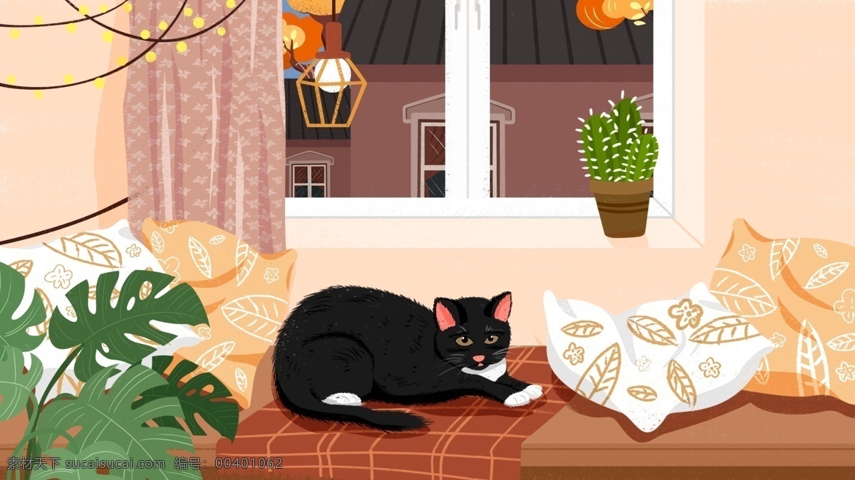 可爱 萌 宠 猫咪 插画 窗户 下 趴 黑猫 清新 植物 猫 卡通 萌宠 宠物 抱枕 窗台 猫咪插画 绿植 仙人掌 居家插画 室内插画 萌宠插画 手绘 黑猫插画