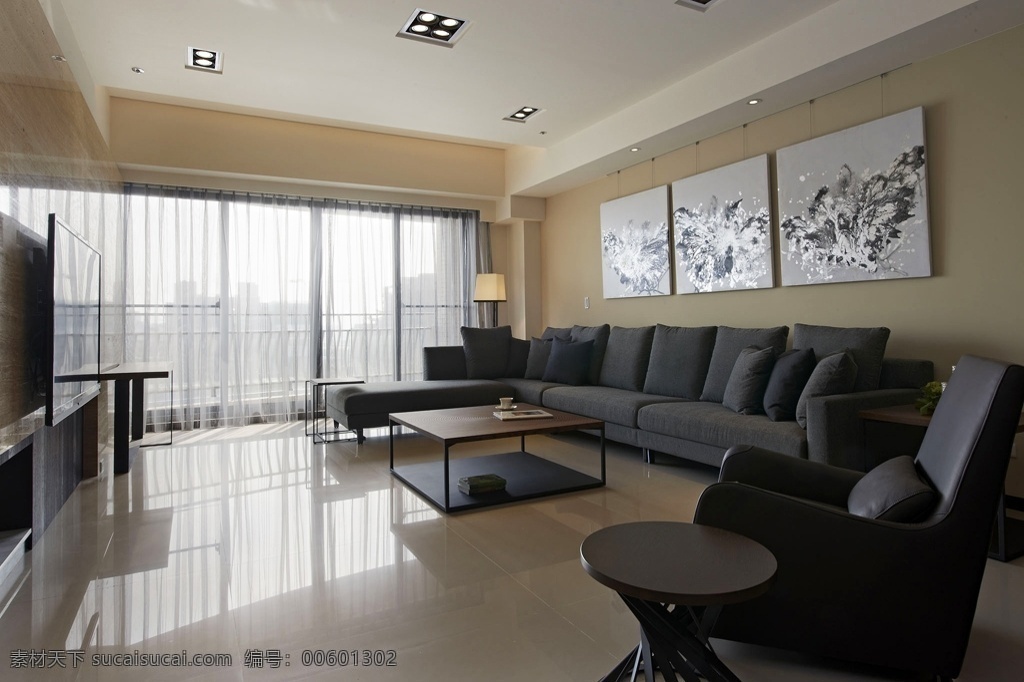 简约 客厅 沙发 壁画 装修 效果图 白色射灯 窗户 方形吊顶 灰色地毯 落地窗 浅色地板砖
