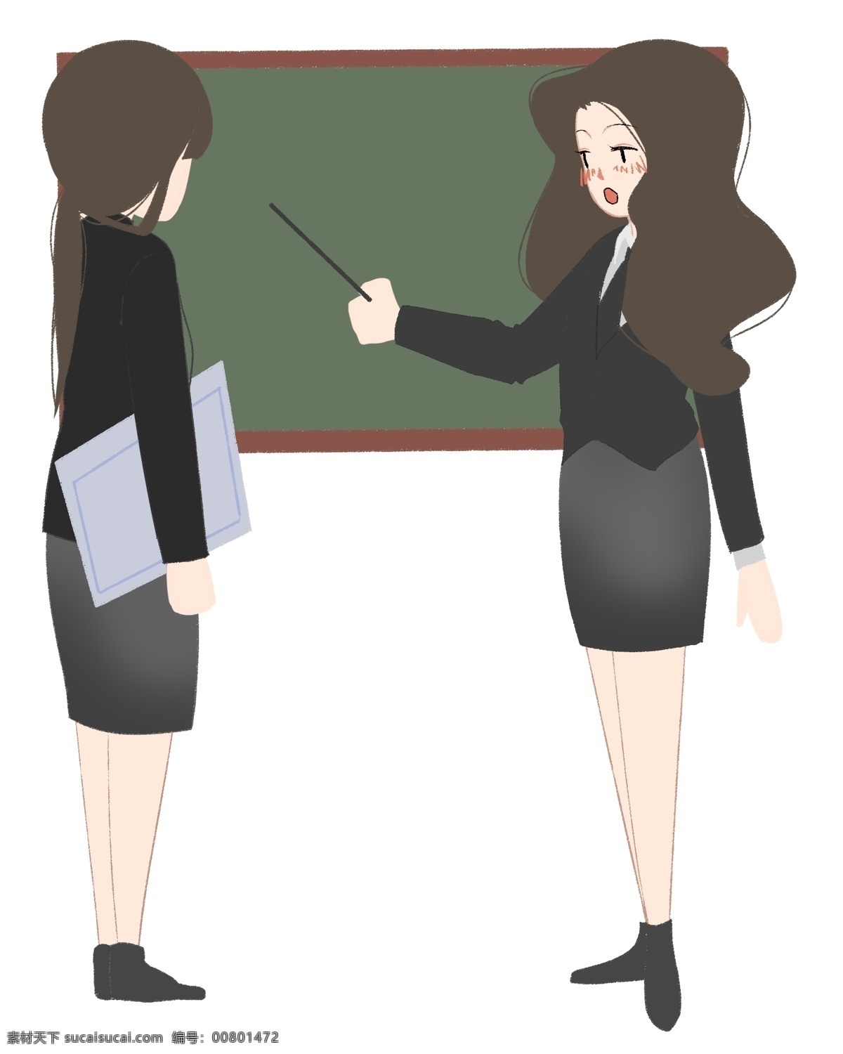 讲解 小女孩 插画 商务办公 人物 绿色的黑板 白色的文件 漂亮的小女孩 卡通人物 黑色的制服