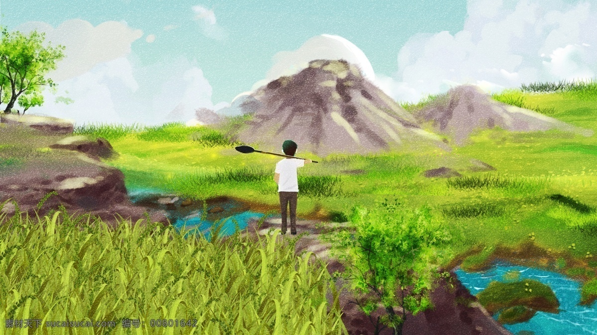 唯美 清新 节日 五一劳动节 插画 五一 劳动节 植物 女孩 劳动 绿色 户外 飞机 纸飞机 蓝天 白云 绿叶 叶子 草地 山暖色
