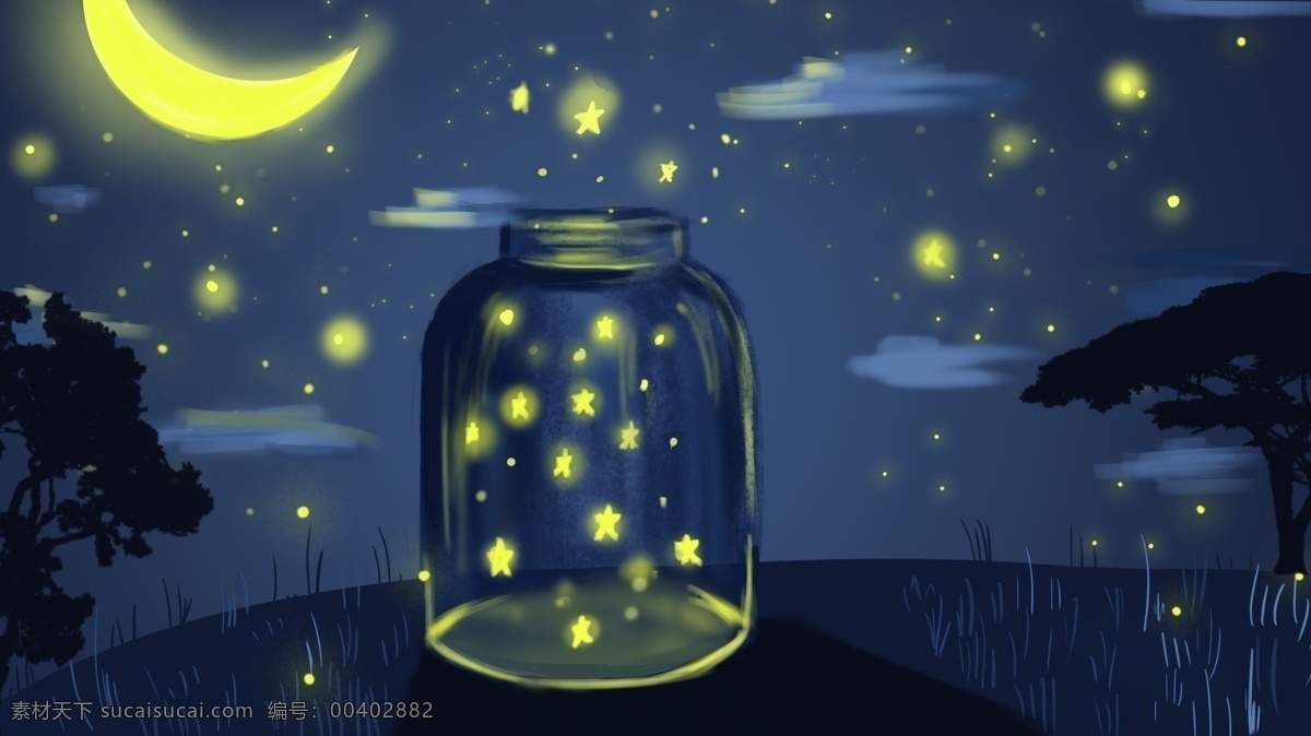 卡通 梦幻 星空 许愿 瓶 背景 星空背景 背景素材 卡通背景 插画背景 许愿瓶 萤火虫 广告背景 psd背景 手绘背景