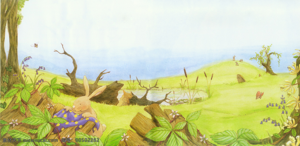 草地 插画 花 绘本 绘本插画 绘画书法 可爱 漫画 绘 设计素材 模板下载 植物 毯子 温暖 兔子 蜜蜂 文化艺术 插画集