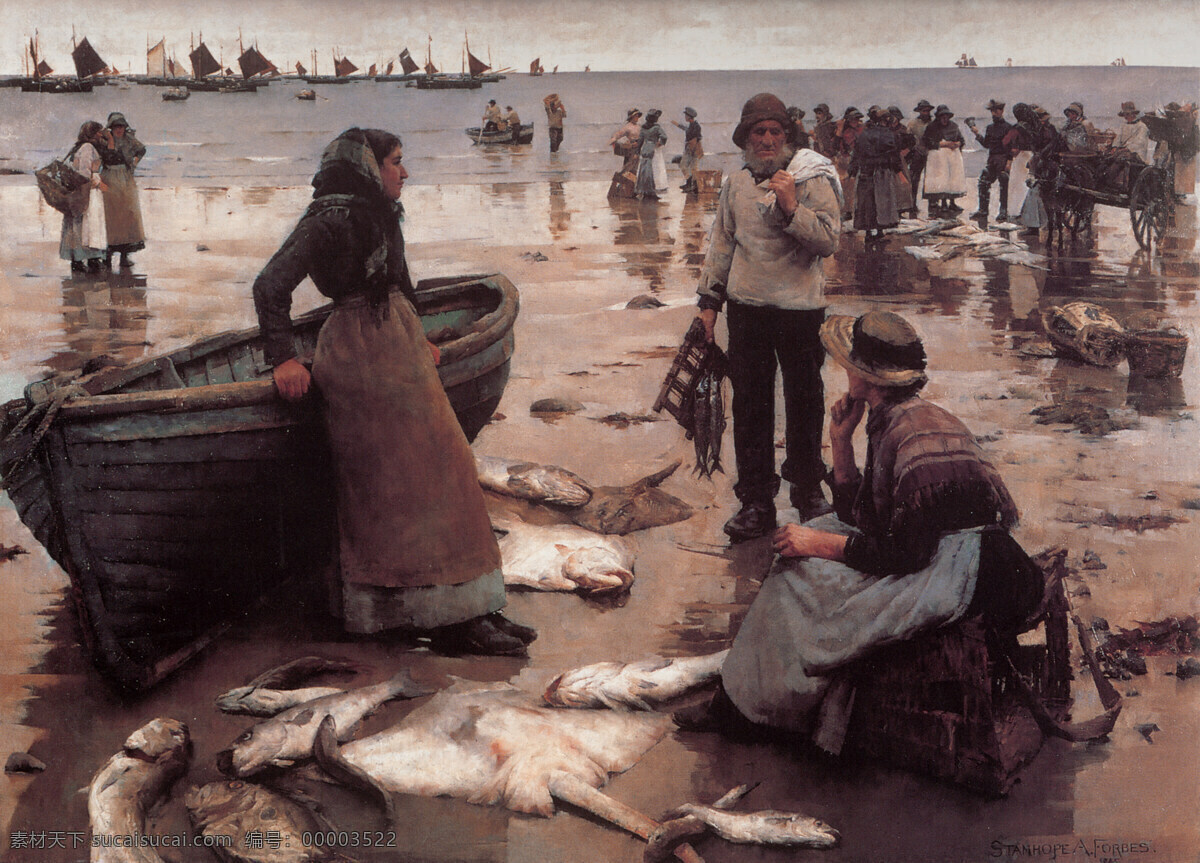 彩画 帆船 古典绘画 海鱼 绘画 绘画书法 绘画艺术 木船 欧洲绘画艺术 西方绘画 油画 渔民 归航 收获 鲜鱼 渔帆点点 男人 女人 人群 文化艺术 设计图库 装饰素材