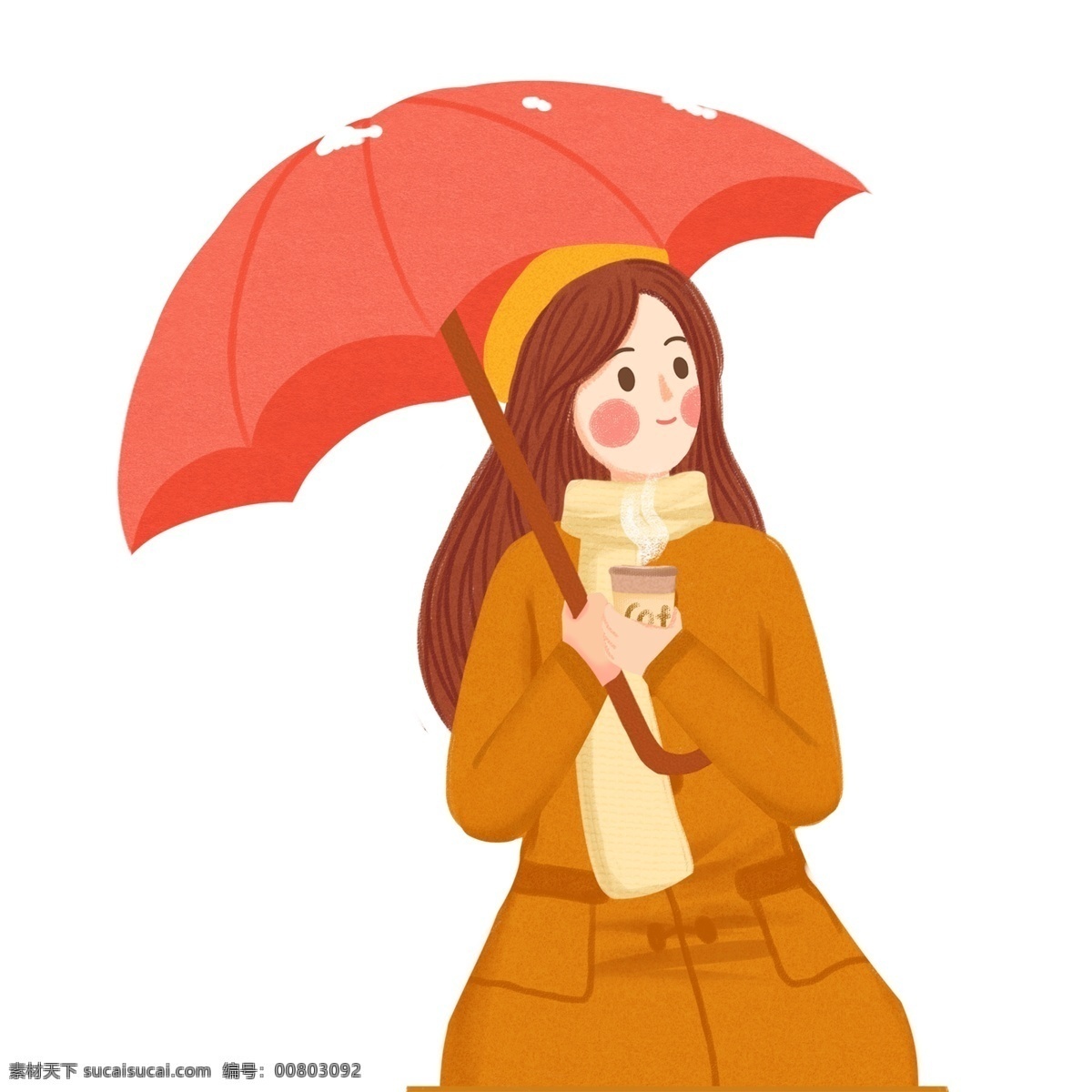 撑 红 雨伞 美女 原创 元素 卡通 冬天 红雨伞 冬装 手绘 厚实 黄色棉服 撑红雨伞 黄色大衣
