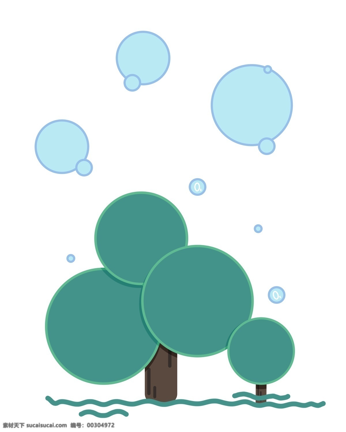 绿色 树木 装饰 插图 高大的树木 绿色叶子 叶子装饰 茂密的树叶 蓝色气泡 气泡装饰 可爱装饰 精美设计