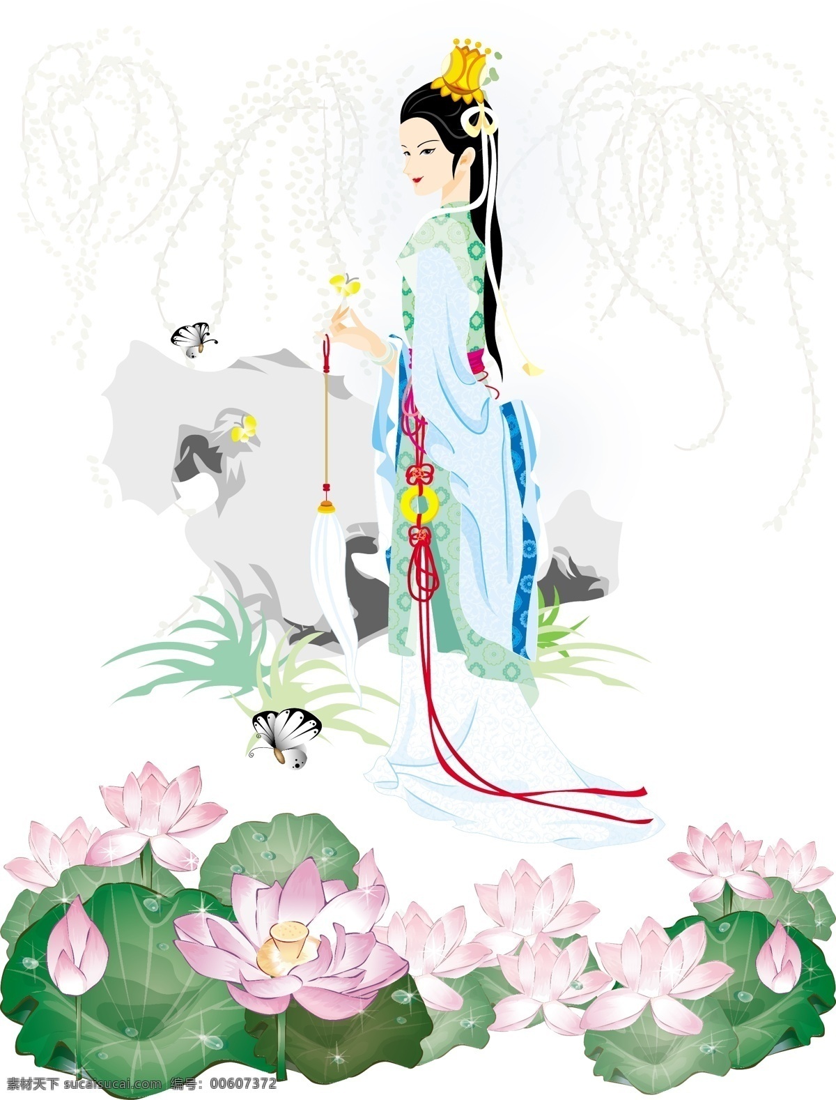 古典女性 中国结 荷花 莲耦 莲花 蝴蝶 仙草 古典美 白色