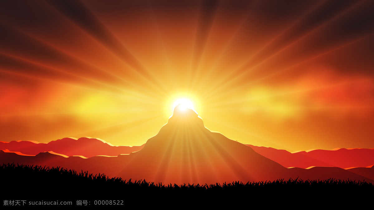 日照 太阳升起 光芒 远处的山 草原 希望 自然风光 自然景观