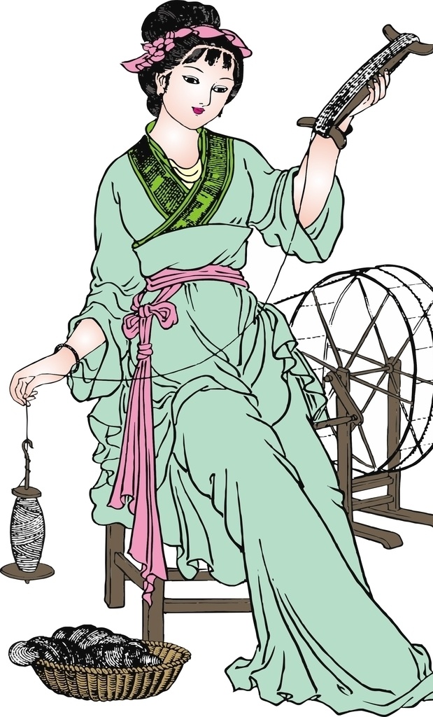 古代美女 美女纺纱 矢量图 人物 中国画