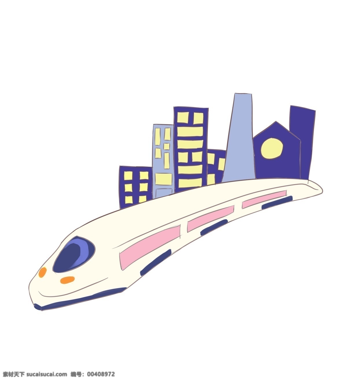 手绘 春运 火车 插画 行驶的火车 白色的火车 新年的春运 卡通插画 手绘春运插画 高大上楼房