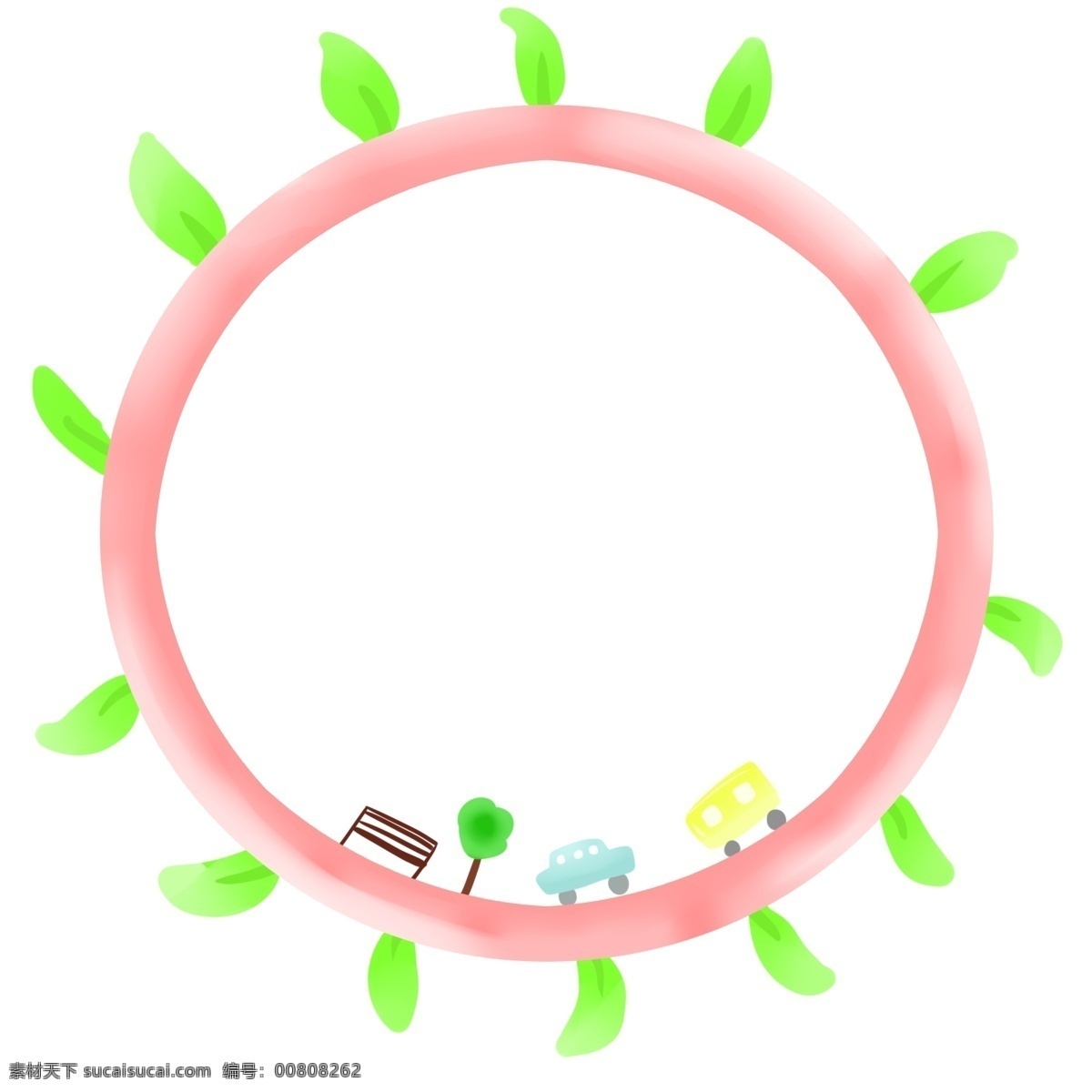 春季 圆形 粉色 边框 绿色花边 粉色圆圈边框 黄色汽车 绿色汽车 绿色小树 深色板凳 花边边框 春天的边框
