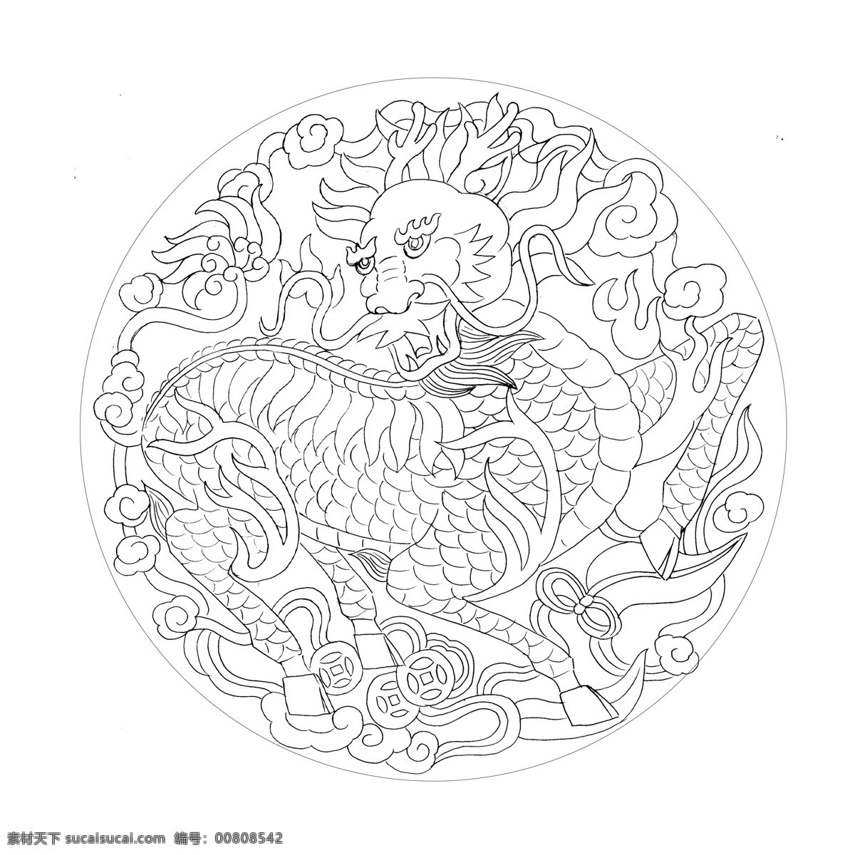 小麒麟 圆形 麒麟 传统图案 吉祥图案 浮雕线稿 中式花纹 文化艺术 绘画书法