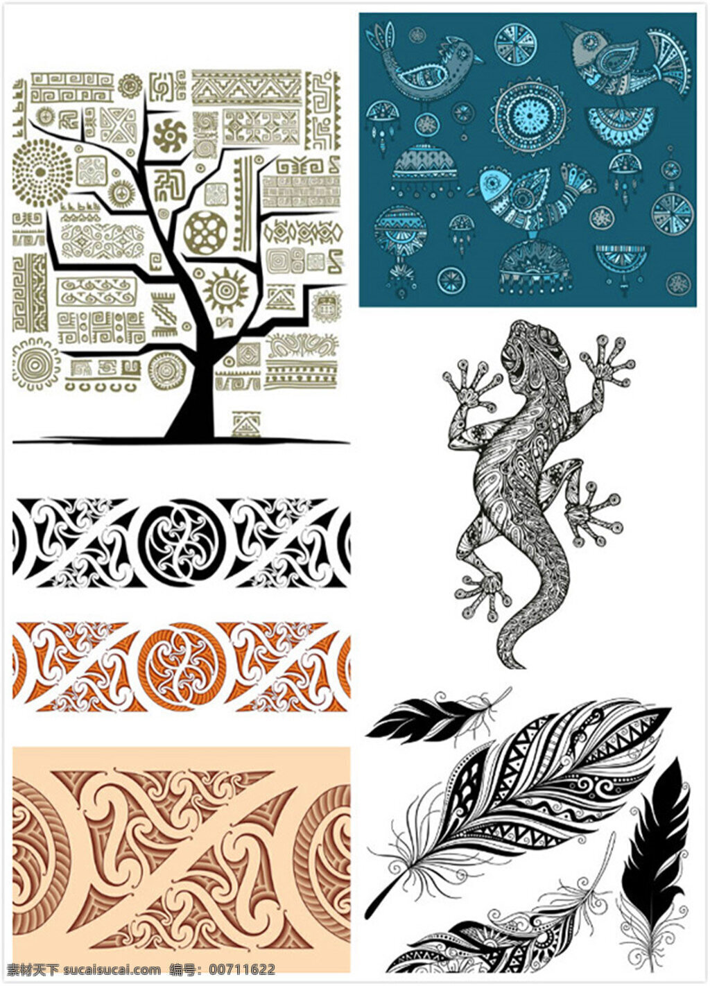 纹身图案 矢量素材 矢量图 设计素材 创意设计 纹身 刺青 图案 大树 树木 羽毛 壁虎 小鸟 黑白