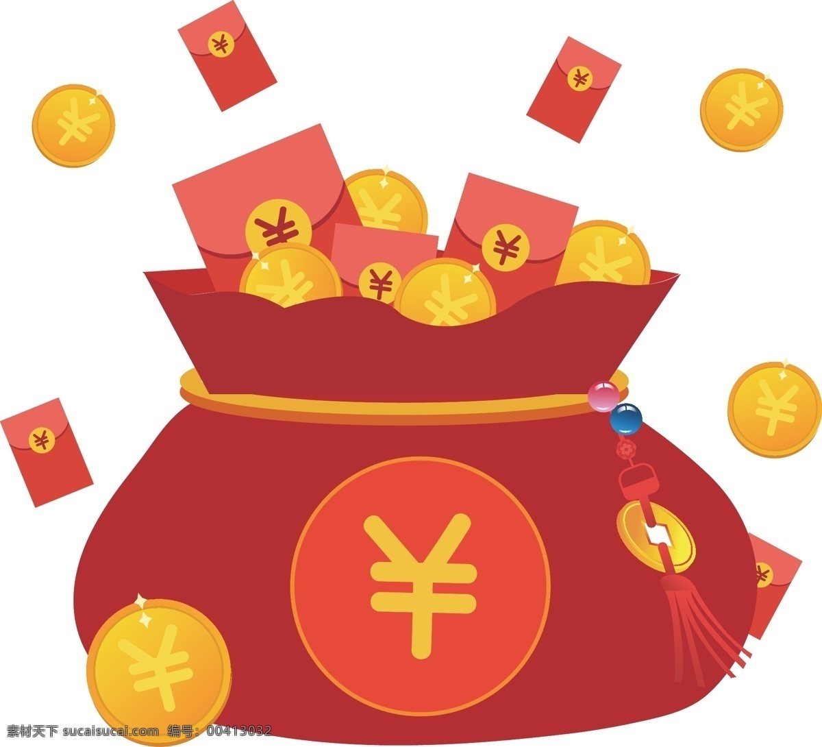 扁平化 存钱 袋 金币 红包 存钱袋 钱币 吊坠 红色 压岁钱 手绘 卡通 矢量 大气 开心春节 节日 过年