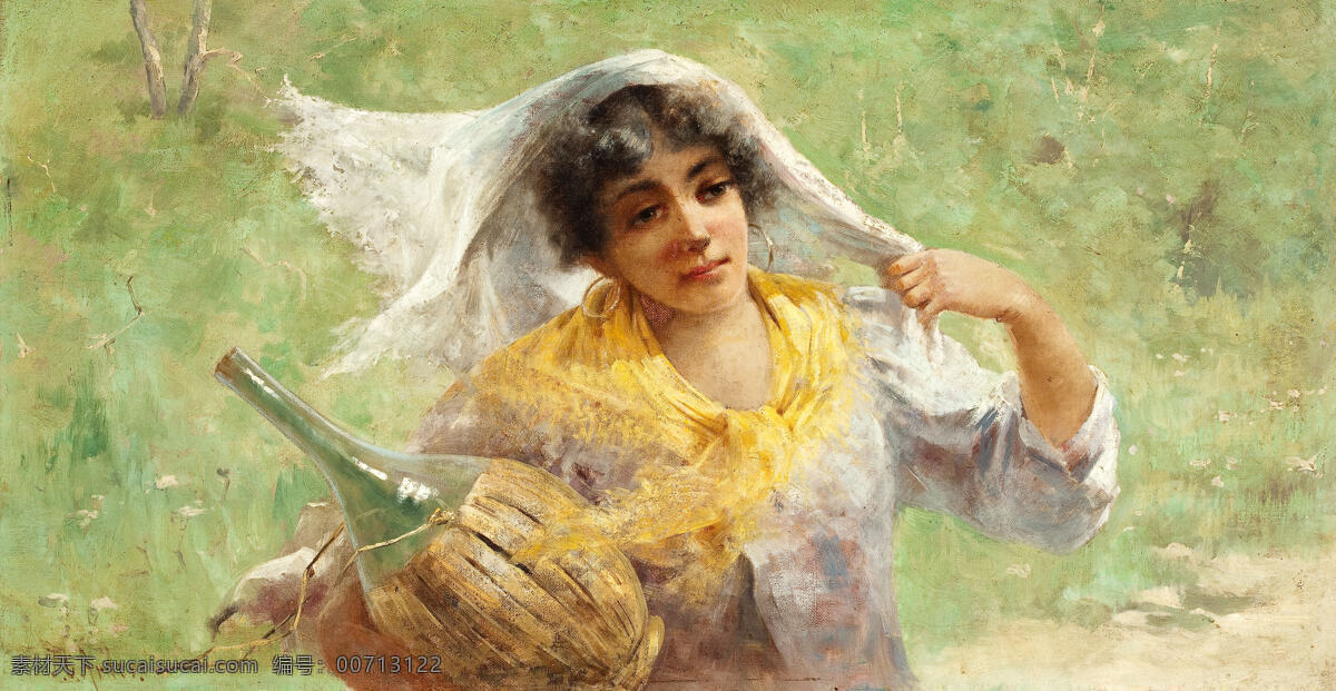 抱 水瓶 女人 白纱 玻璃瓶 耳环 绘画书法 纱巾 抱水瓶的女人 妇人 白纱巾 油画 文化艺术 家居装饰素材