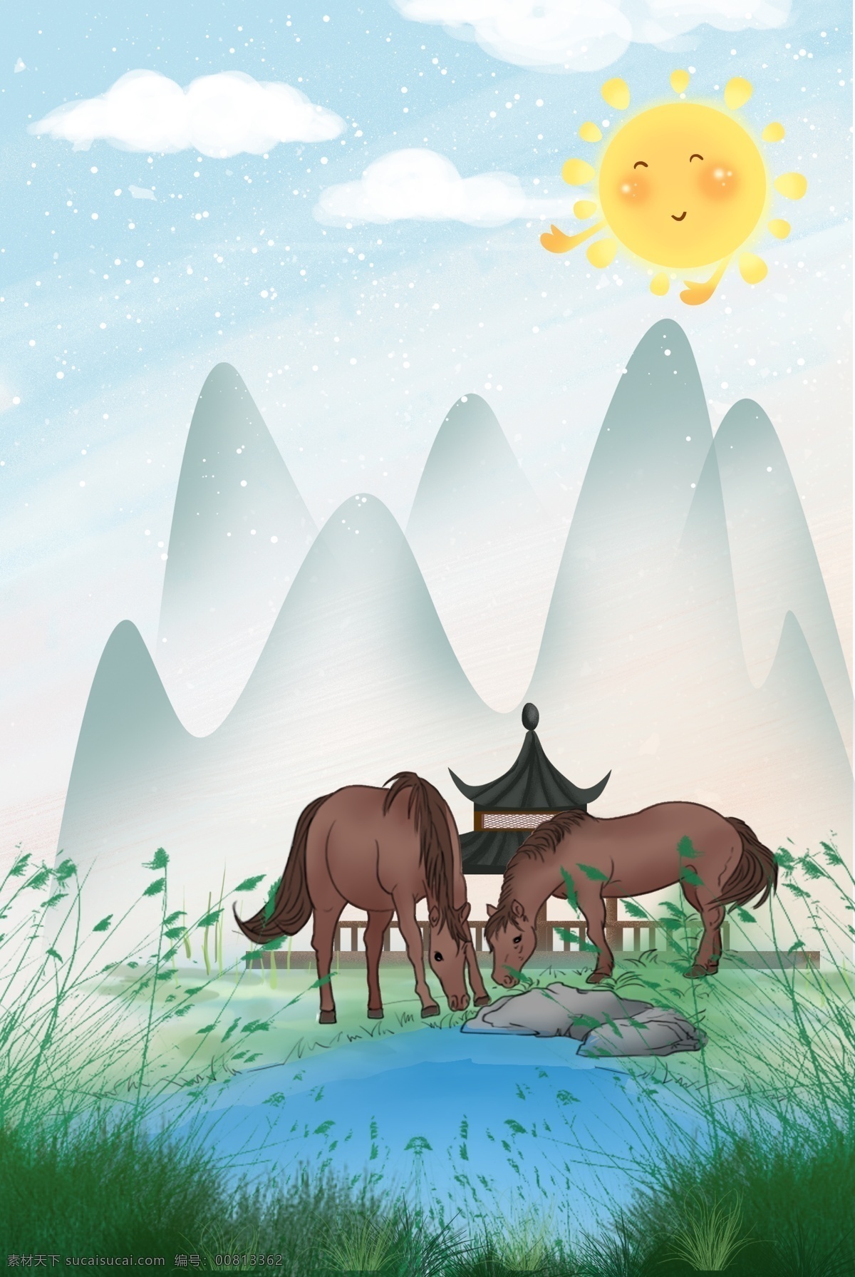 手绘 山水 春天 海报 背景 绿色 春季 马 马儿 河边 草 草地 草丛 白云 云 亭子 山