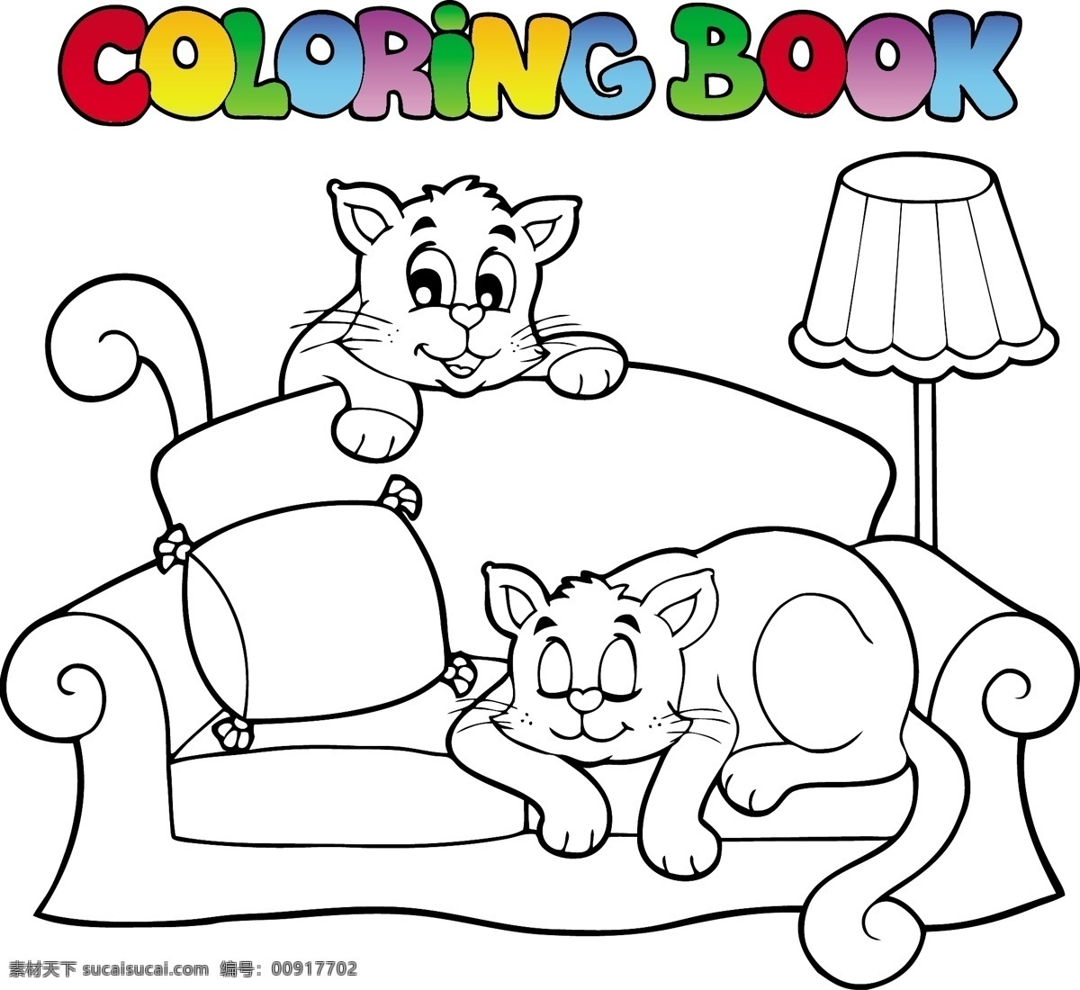 儿童着色绘画 卡通插画 宠物猫 手绘插图 卡通背景 黑白彩绘底图 轮廓 填图背景 卡通动物 背景底纹 卡通设计 矢量 文化艺术 绘画书法