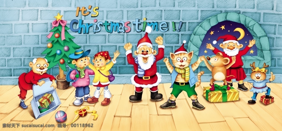 猫和老鼠 圣诞节 卡通猫 卡通老鼠 卡通 圣诞老头 圣诞鹿 小男孩 圣诞树 圣诞礼物 地板 墙壁 节日素材 源文件