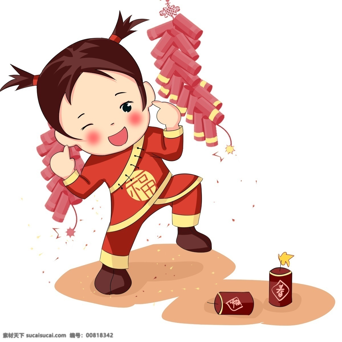 福娃 放 鞭炮 手绘 卡通 人物 彩色 装饰 平面设计 原创 透明底 免抠 节日 海报装饰 清新 通用 新年2019
