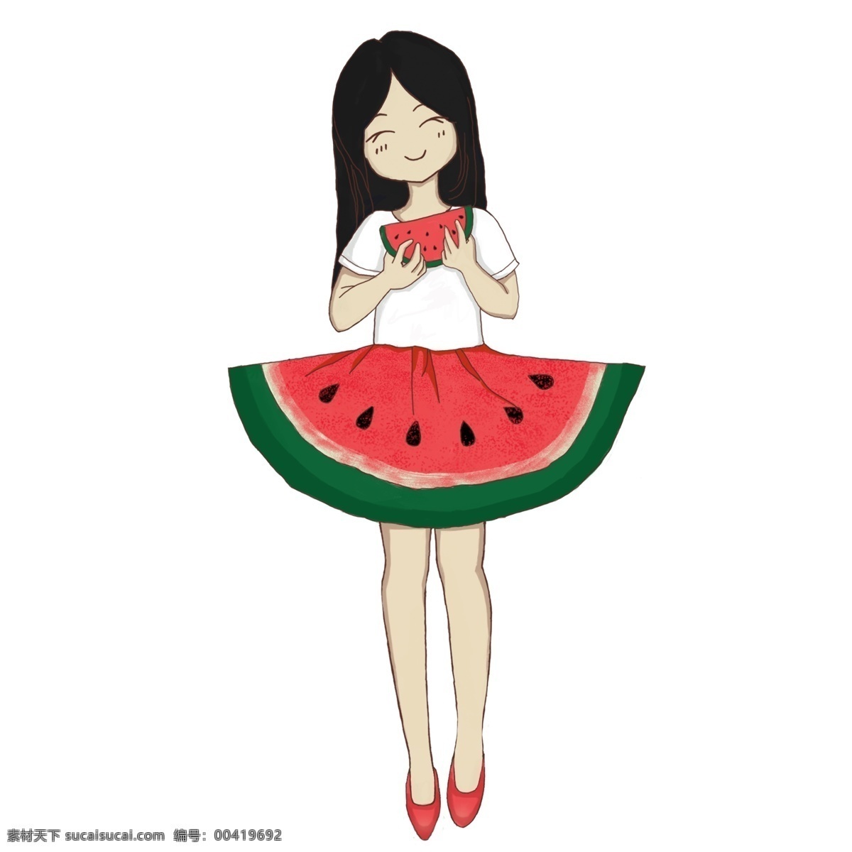 唯美 手绘 吃 西瓜 女孩 元素 吃西瓜女孩 透明素材 可爱 人元素 少女 装饰元素