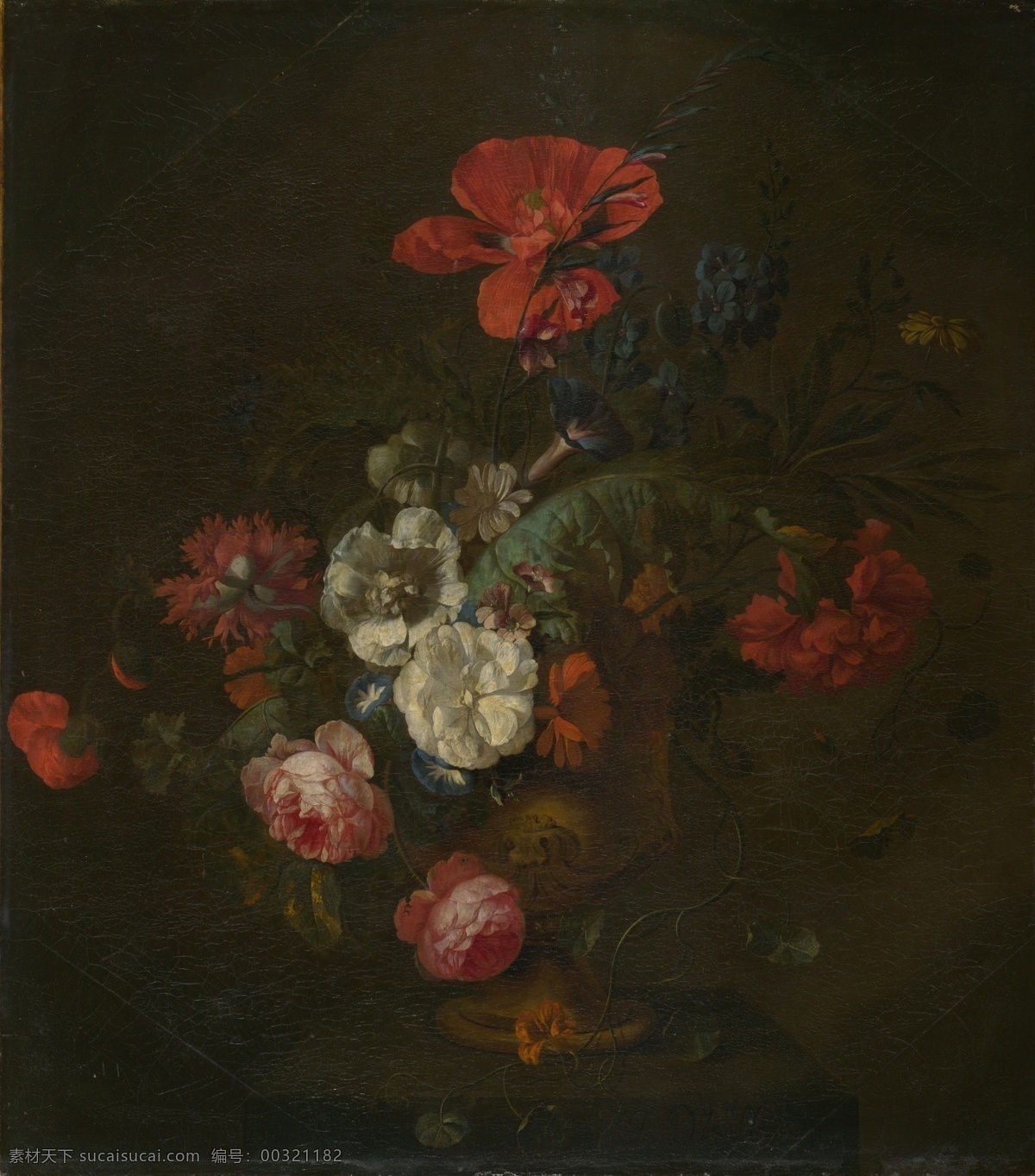 vase 花卉 水果 蔬菜 器皿 静物 印象 画派 写实主义 油画 装饰画 stone in flowers huysum van jan of style 荷花 玫瑰 百合 鲜花 实物 装饰素材