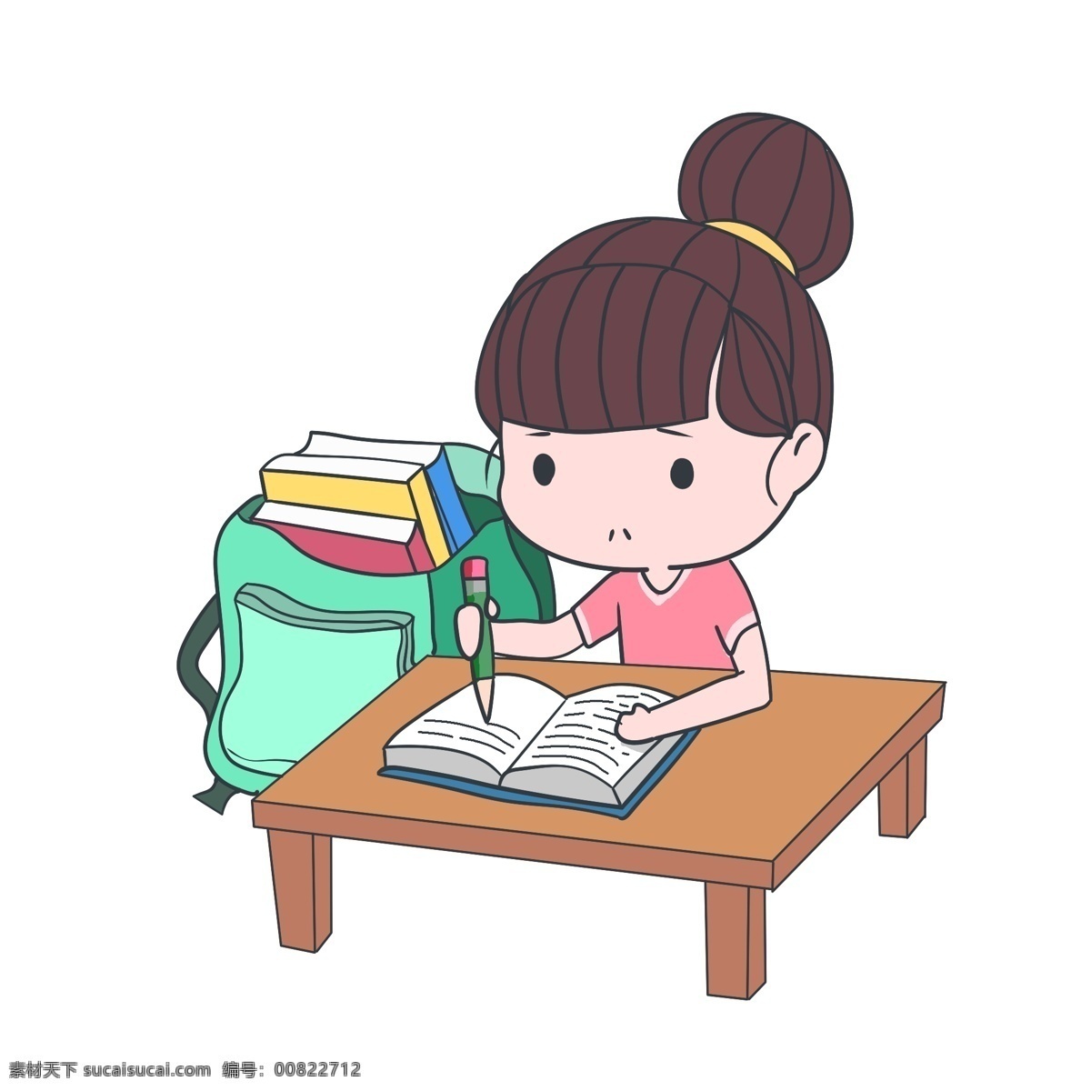 儿童节 学习 小女孩 人物 插画 学习的小女孩 蓝色的图书 蓝色的书包 彩色的书籍 黄色的桌子