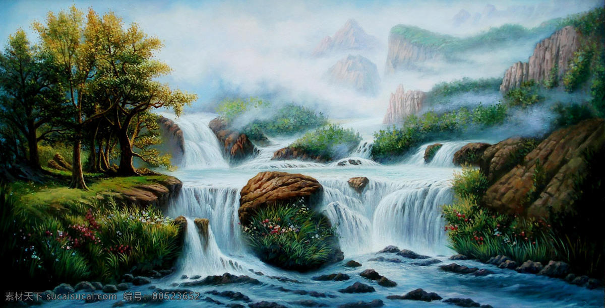 风景画 花草 绘画 绘画书法 美术 山岭 石头 山溪图 油画 现代油画 溪流 水潭 树木 云雾 天空 油画艺术 油画作品5 文化艺术