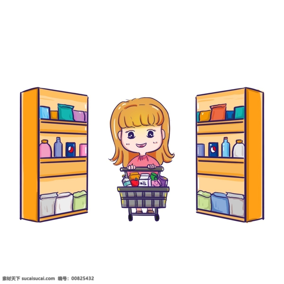 双十 粉色 女孩 超市 购物 双十一 粉色小女孩 11.11 购物车 货物架 买买买 可爱小女孩 q版小孩 橙色 黄色