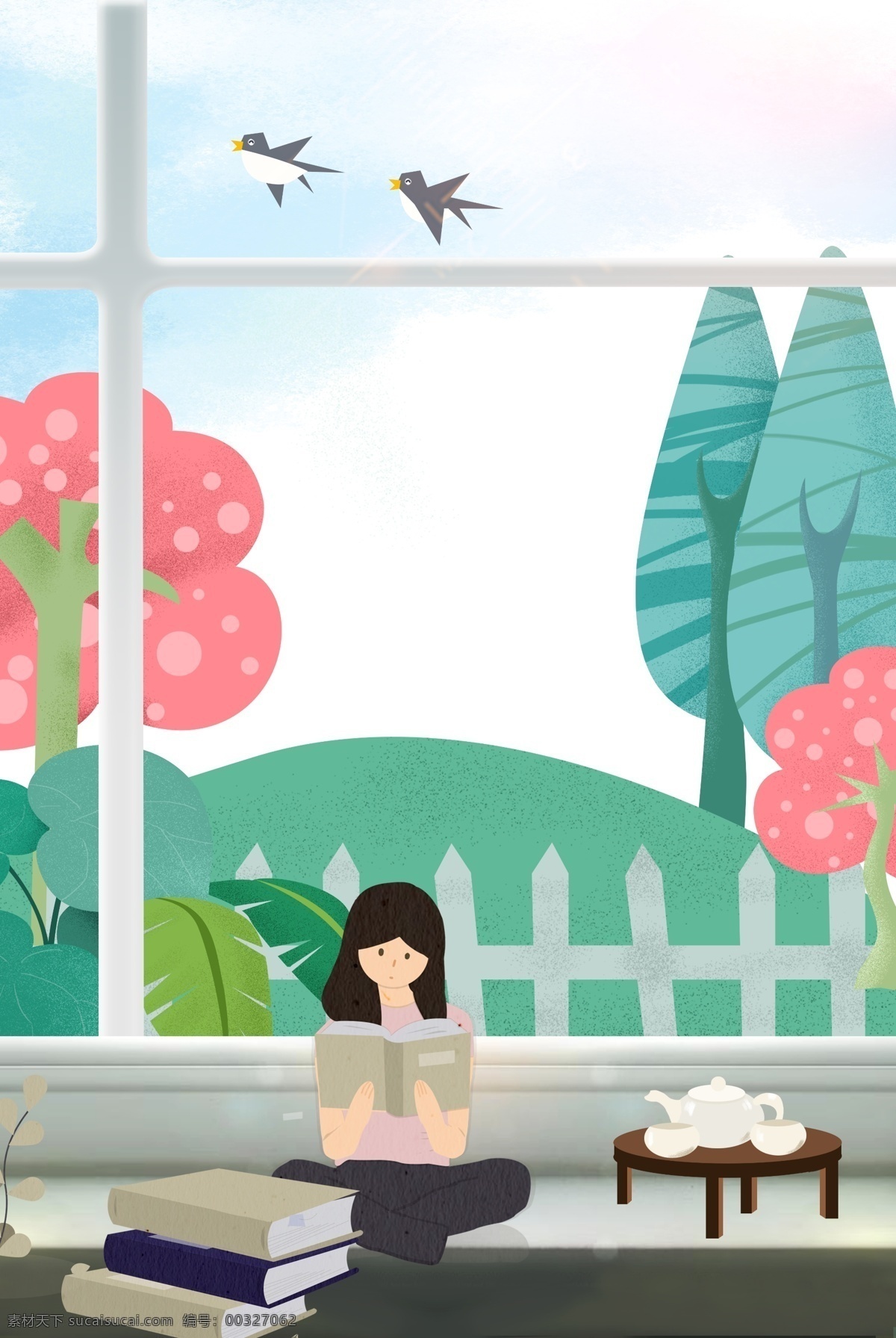 清新 文艺 春天 室内 女孩 看书 背景 绿色 卡通 插画 植物 手绘 淡雅